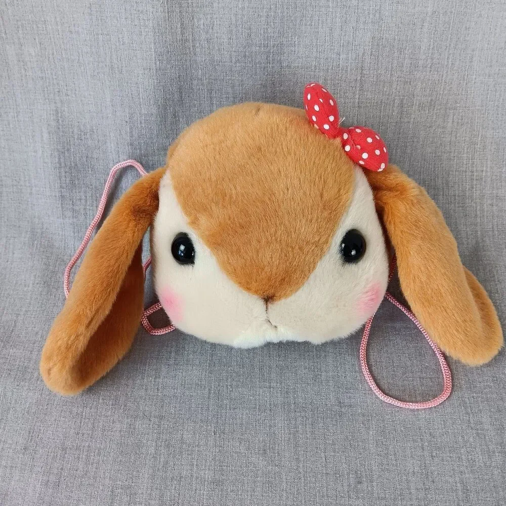 Amuse Pote Usa Loppy Face Pochette Plush Pouch Cord Strap Purse Zipper Closer